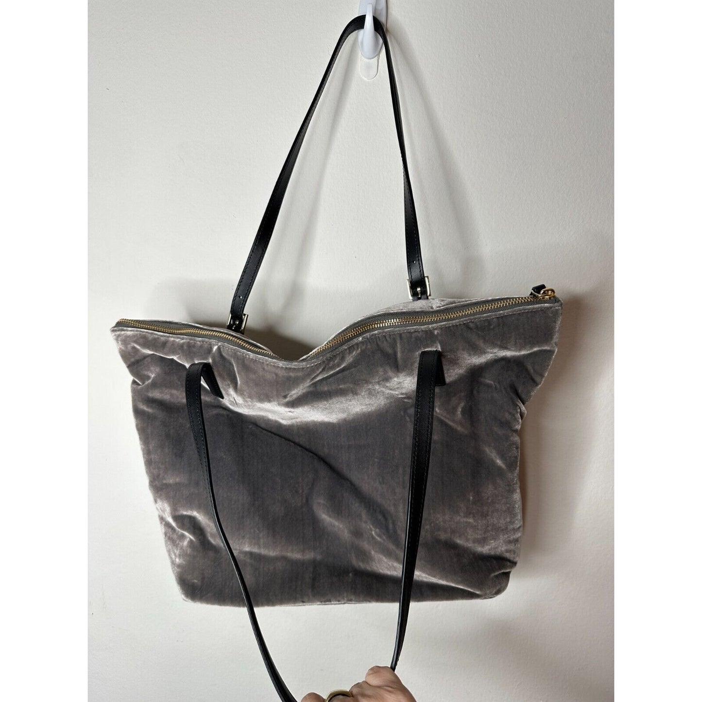 NWOT Kate Spade Dark Gray Kona Dawn Place Velvet Leather Handle Tote Bag L