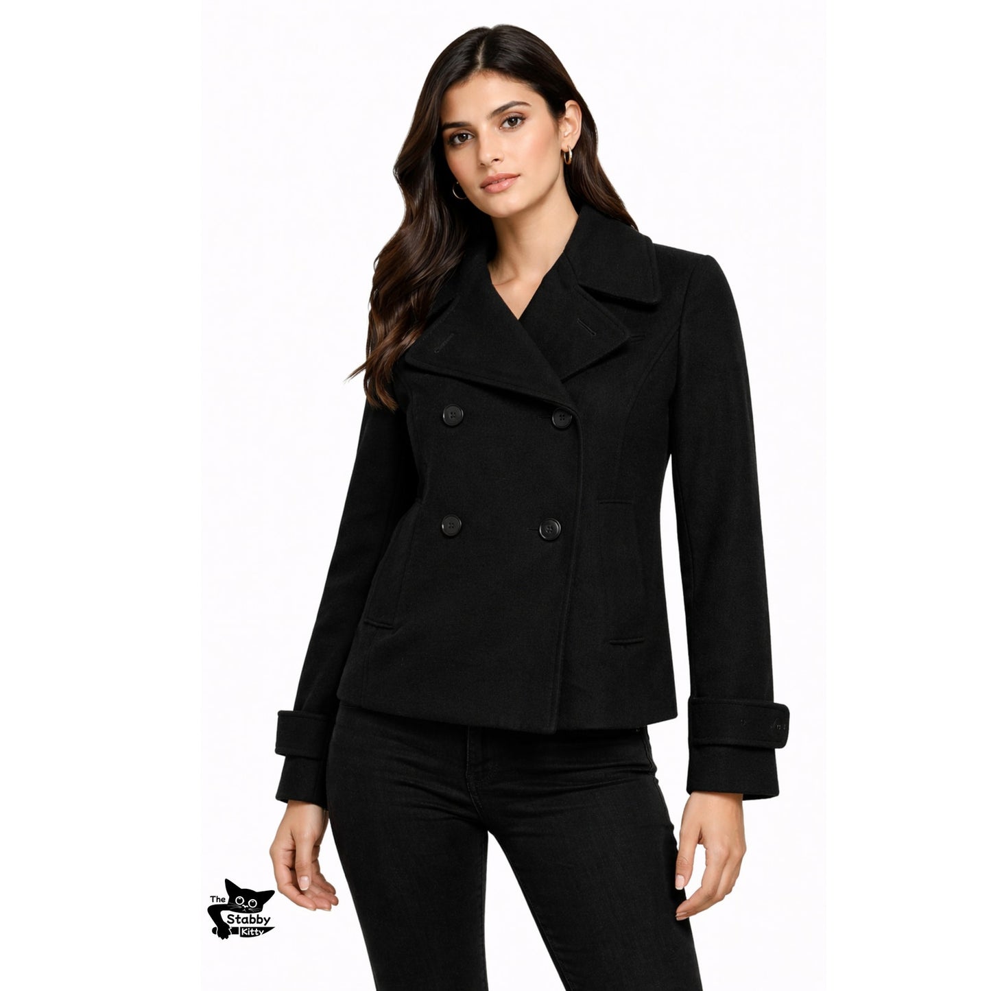 Jil Sander Navy Black Double Breasted Wool Blend Peacoat XS