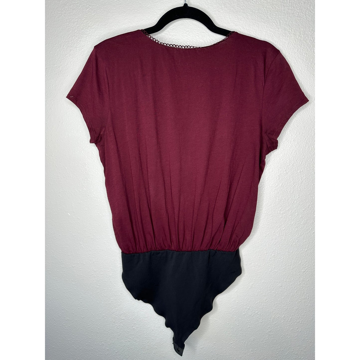 Sezane Burgundy & Black Thibault Bodysuit Crossover Neckline Short Sleeve