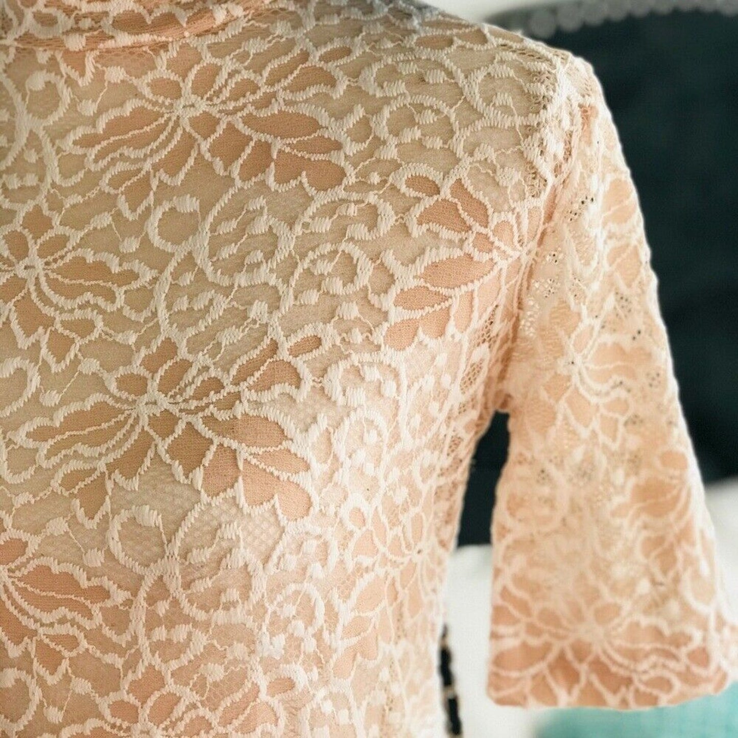 Mock Neck Bell Short Sleeve Blouse Sheer Floral Lace Design M