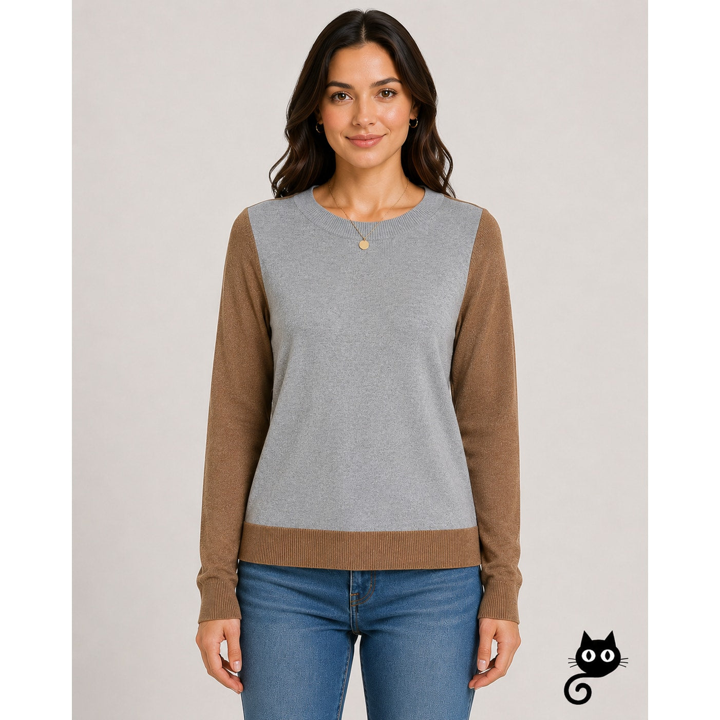 The Limited Gray & Nutmeg Brown Color Block Round Neck Long Sleeve Sweater M