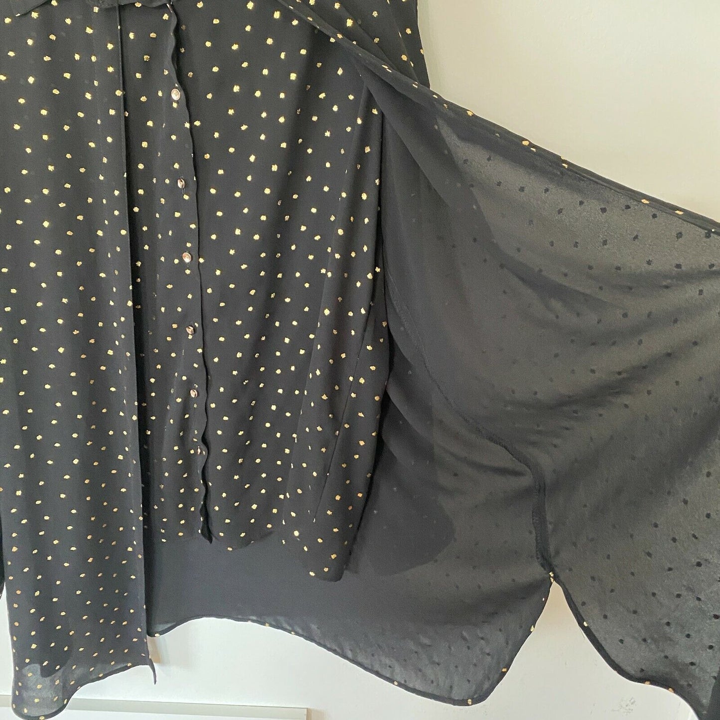 Cartise Black and Gold Polka Dot Button Down Shirt Sheer Front Overlay Panel 14