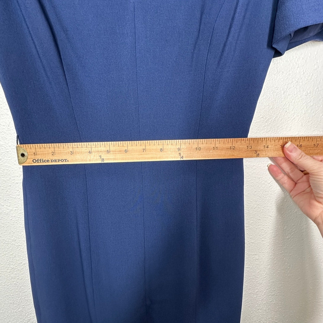 Michael Kors Navy Blue V-Neck Cap Sleeve Front Slit Fitted Midi Dress 2