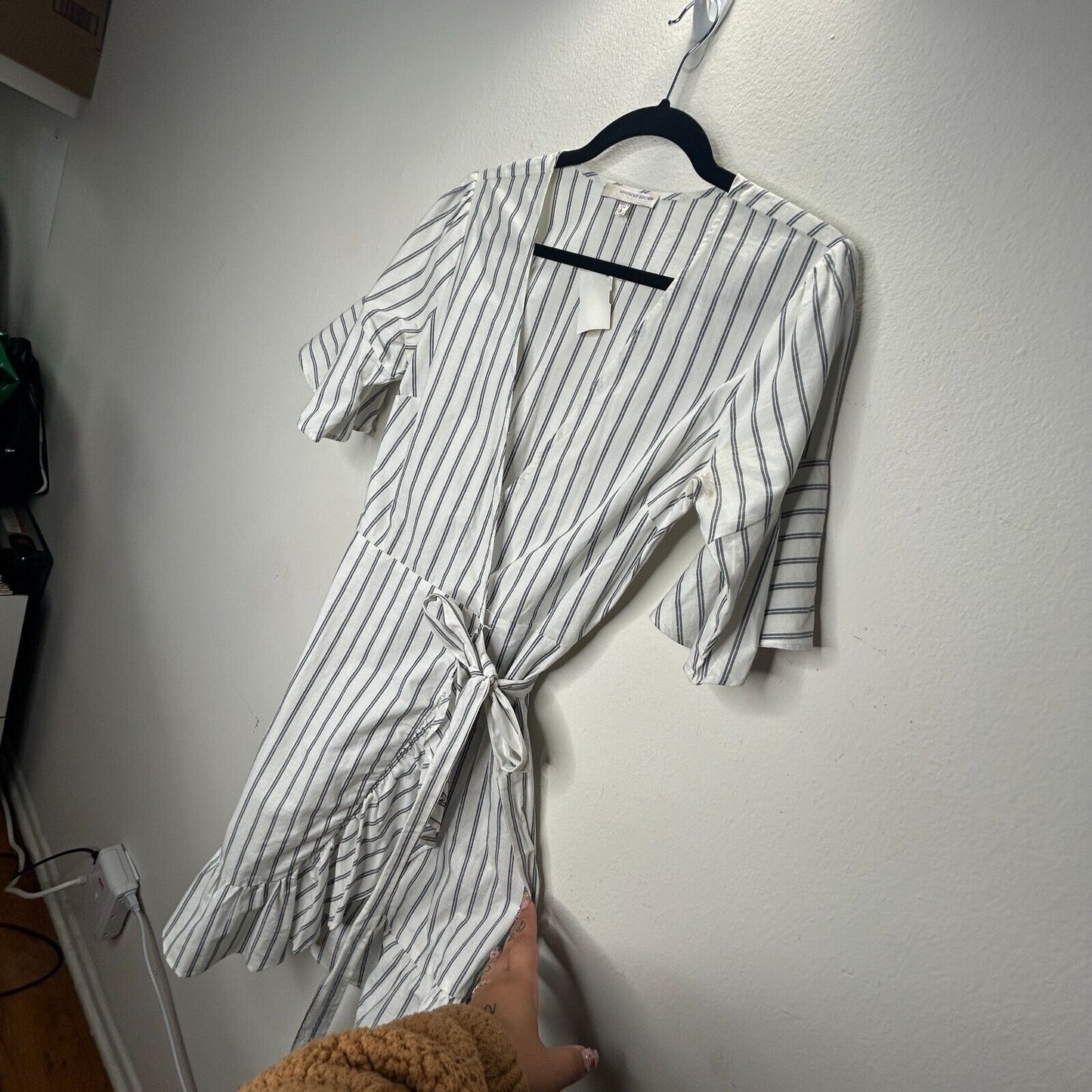 NWT Lavender Brown White and Blue Pinstripe Short Sleeve Ruffle Hem Wrap Dress S