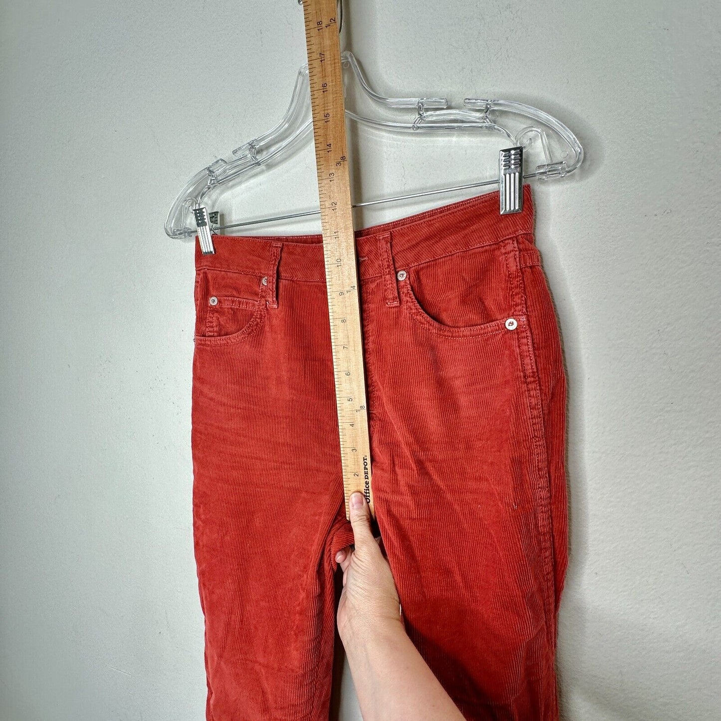 AMO The Chloe Rust Red Corduroy Straight Leg Crop Pant Trousers Washed Red 26