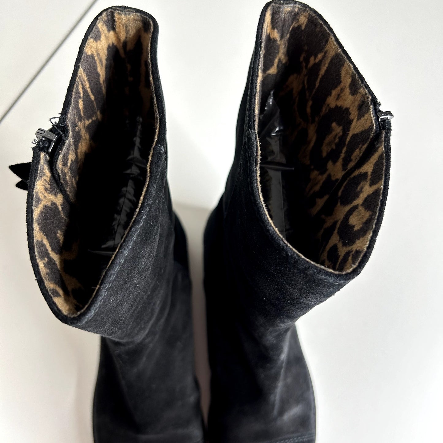 Stuart Weitzman Black Suede Mid-Calf Boots Cheetah Print Round Toe Booties 4