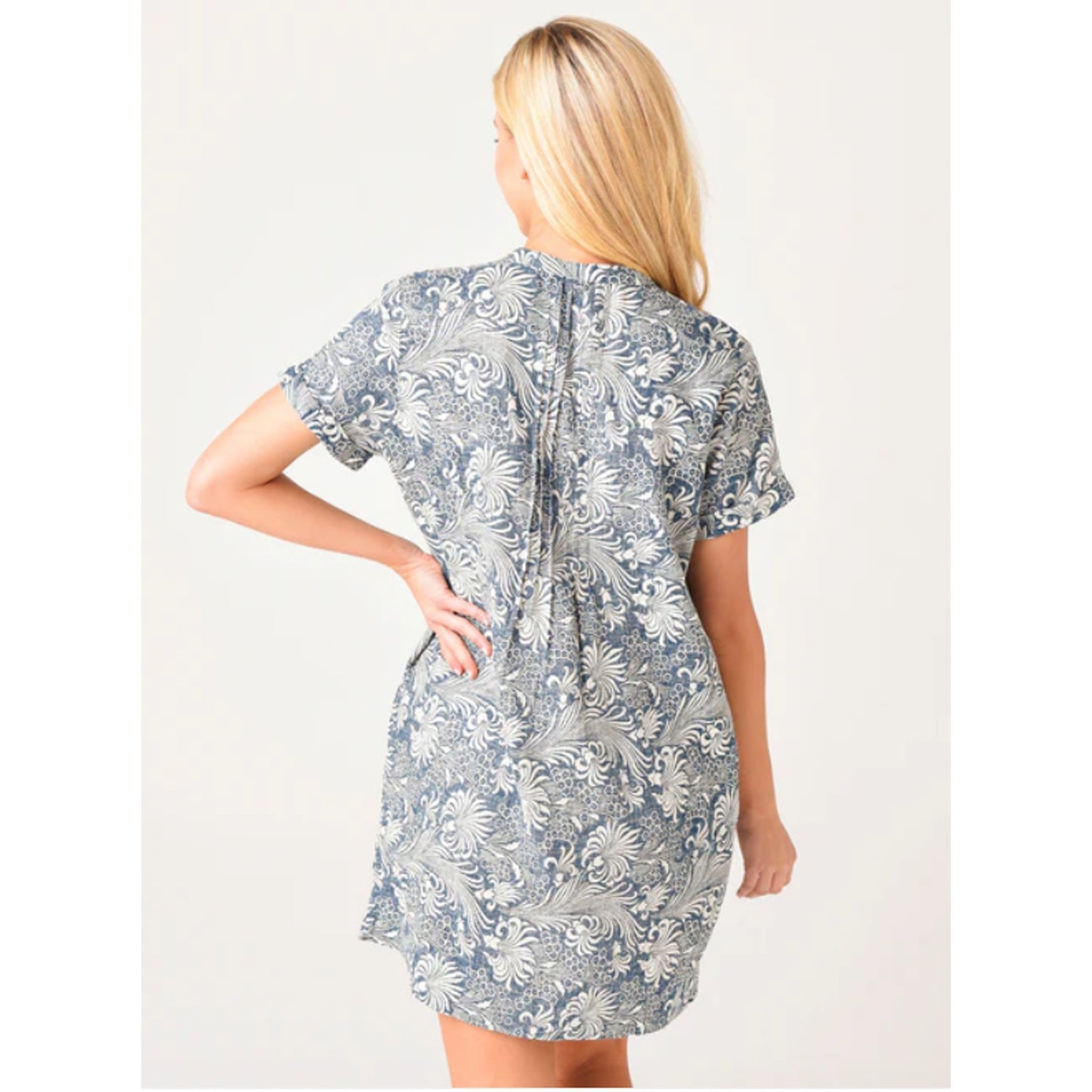 Faherty Cream & Blue Hawaiian Print Gemina Tunic Dress Split VNeck Short Sleeve