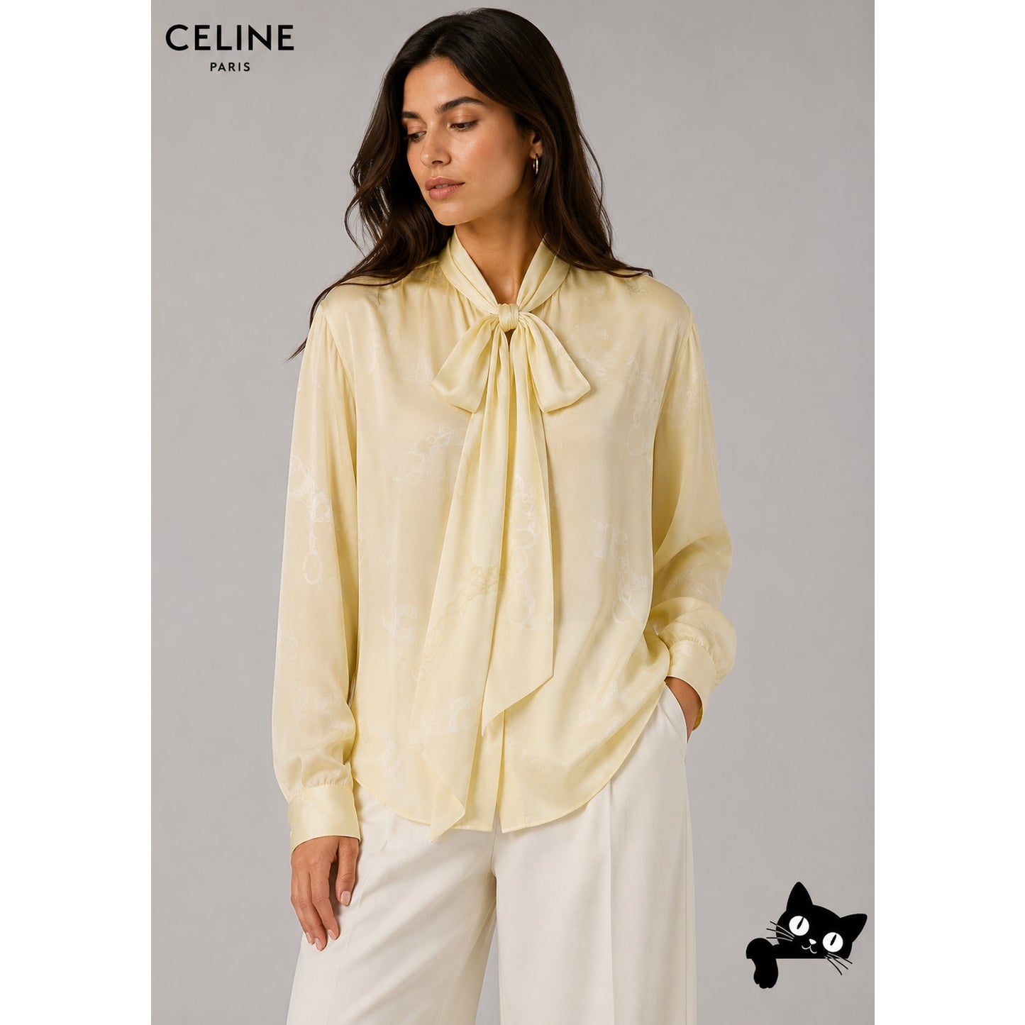 NWT Celine Pale Yellow Chemise Boyfriend Lavallieri Silk Chain Blouse 40 / L