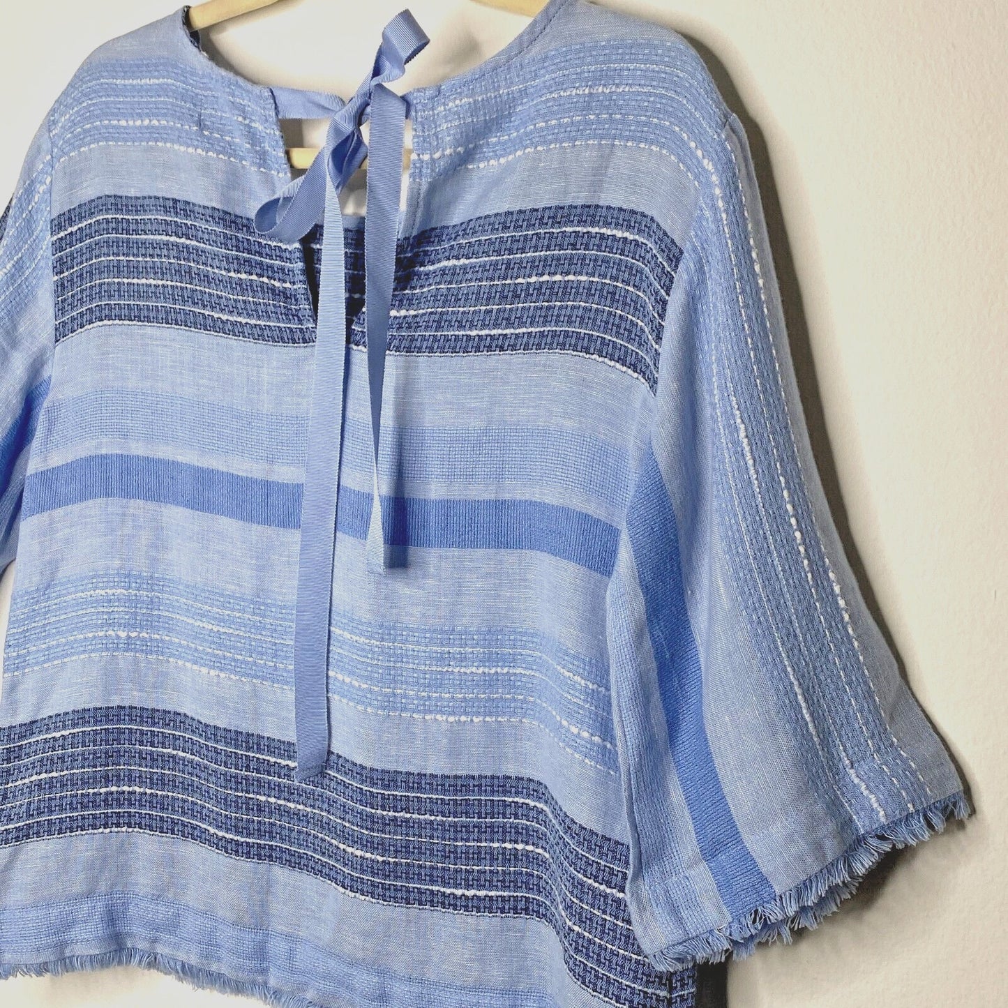 Cloth & Stone Light Blue & Navy Stripe Linen Bell Sleeve Raw Hem Tie Neck Top XS