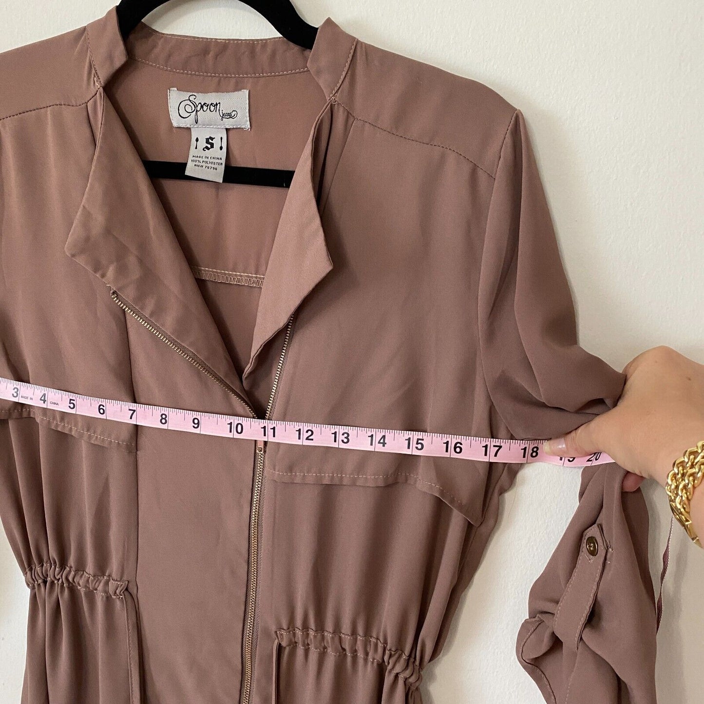 Spoon Milk Chocolate Utility Cinch Waist Tab Sleeve Shirtdress Front Zip S
