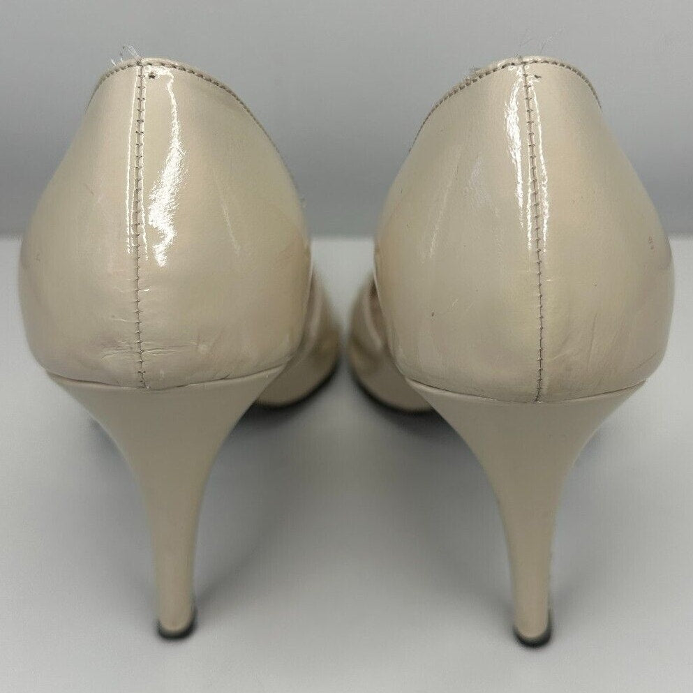 Claudia Ciuti Nude Cream Patent Leather Open Toe Heels Center Button Cut Outs 8
