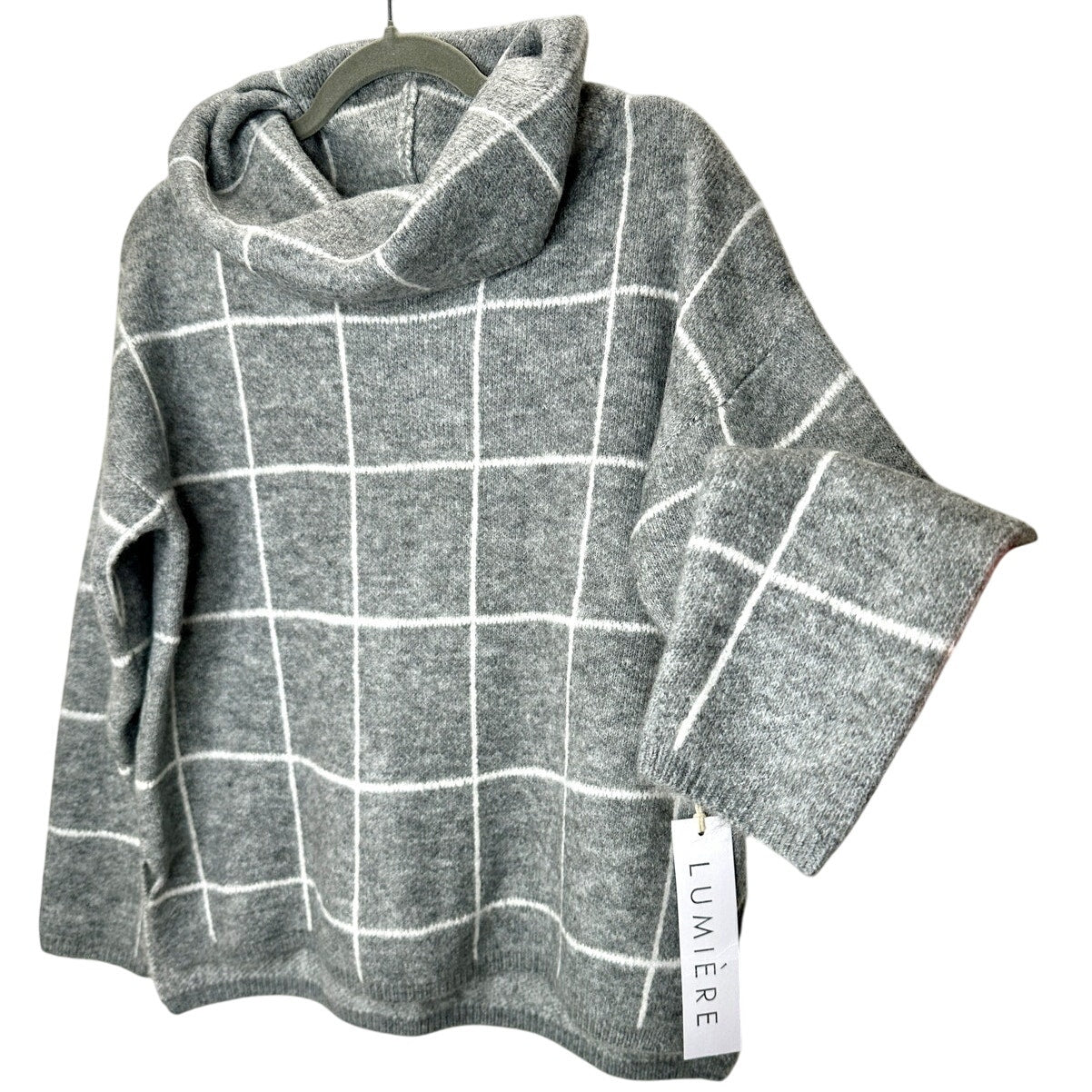 NWT Lumiere Gray & White Windowpane Cowl Neck Sweater S