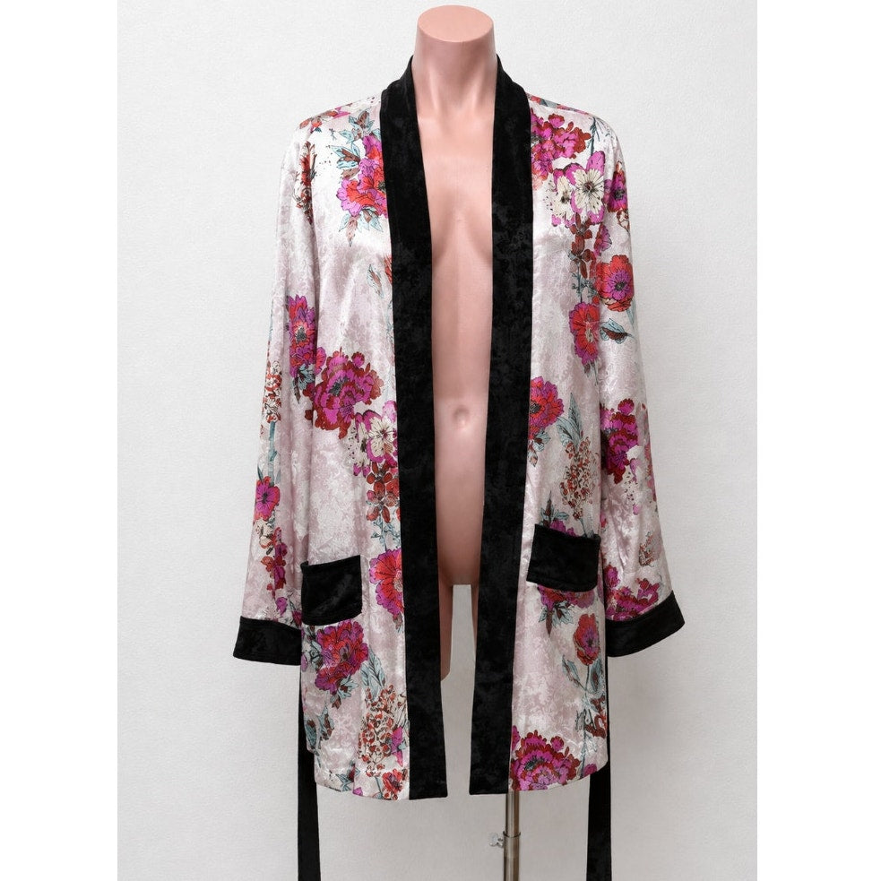 Free People Intimately Pale Pink Cream Multicolor Floral Asian Kimono Bathrobe XS