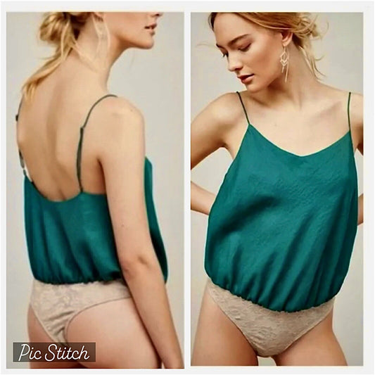 Free People Emerald Green Satin Blouson Bodysuit Tan Snap Lace Brief M