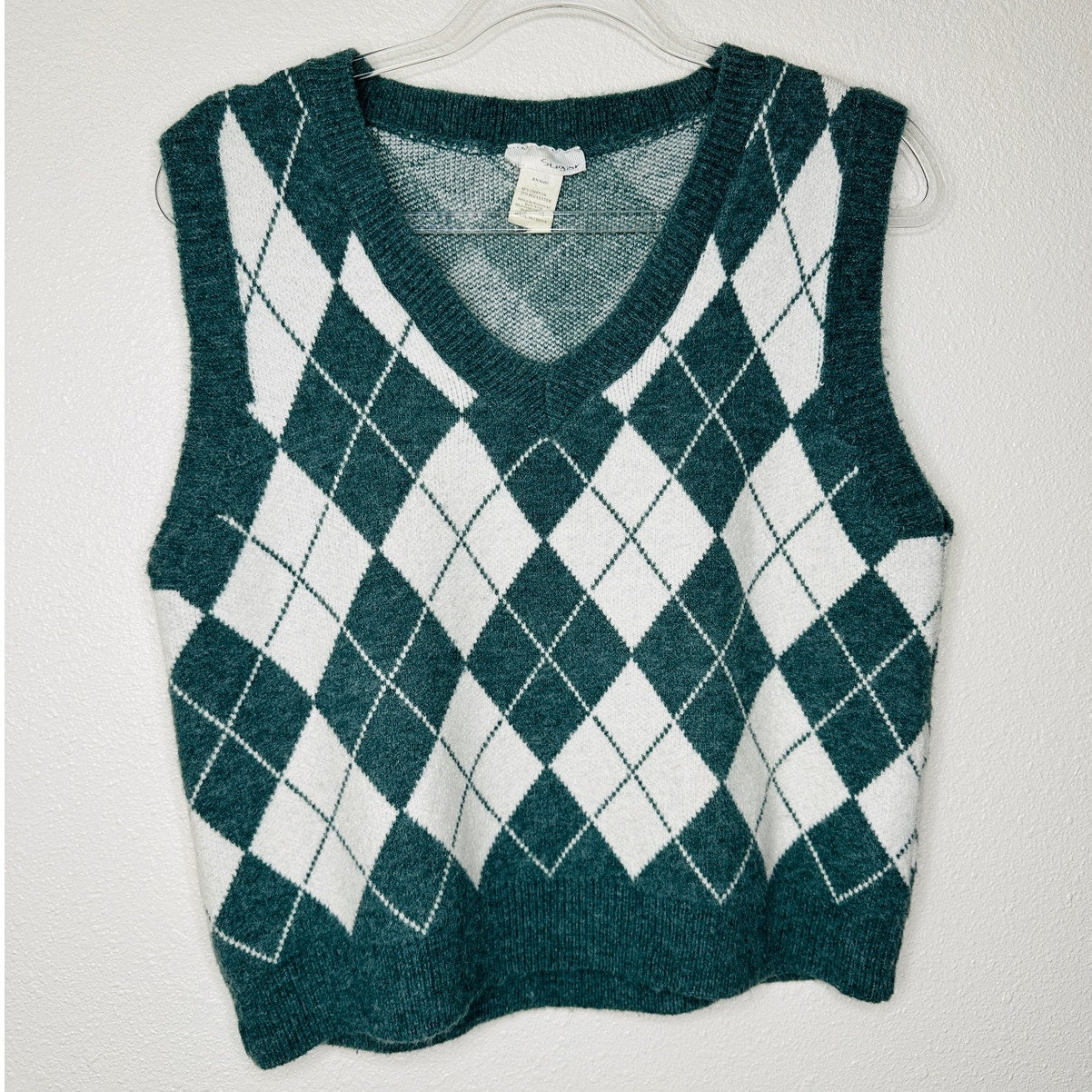 Sugar Muted Sage Green White Cream Argyle VNeck Sweater Vest