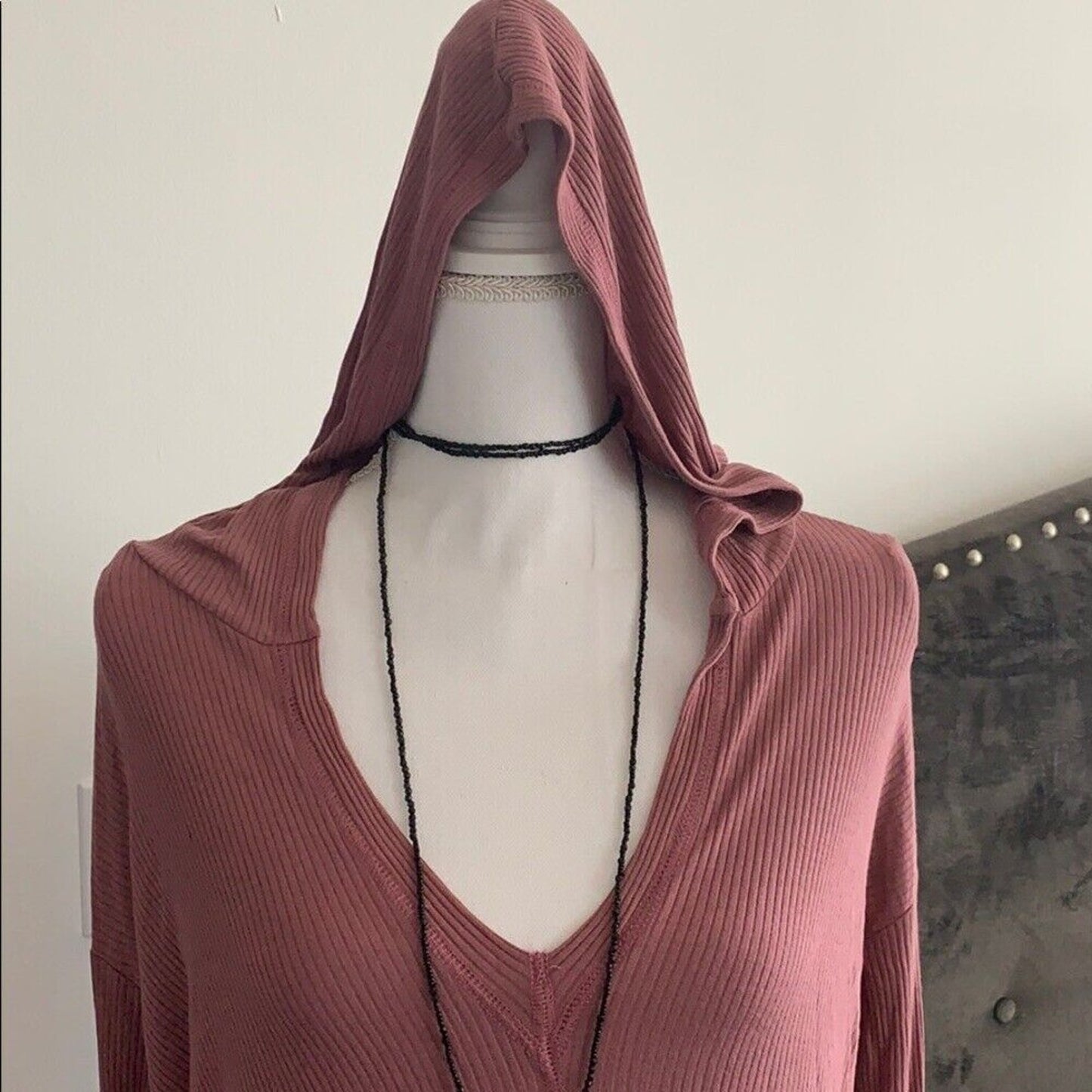Mauve Pink Oversized Ribbed Knit Deep V long sleeve hoodie High Low Tee Top S