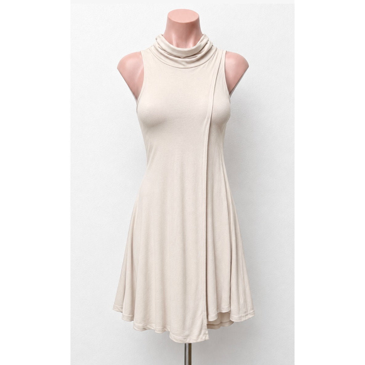 Hyfve Soft Cream Mock Neck Sleeveless Rib Knit Faux Asymmetrical Back Zip Dress