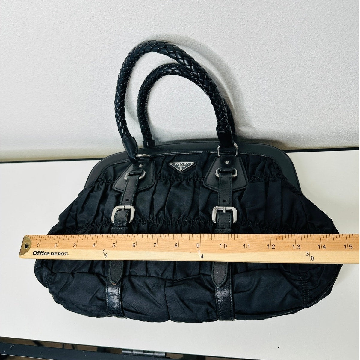 Prada Vintage 90s Black Nylon & Leather Buckle Braided Handle Purse