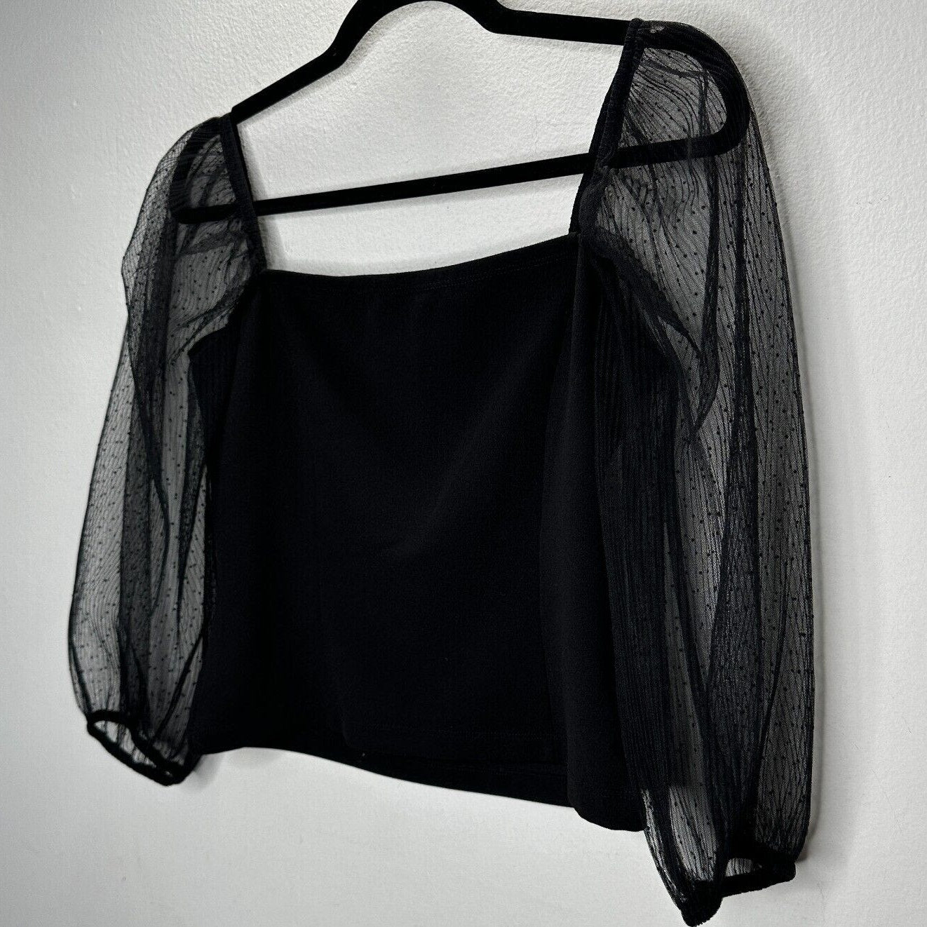 Socialite Black Square Neck Sheer Polka Dot Mesh Balloon Sleeve Crop Top M