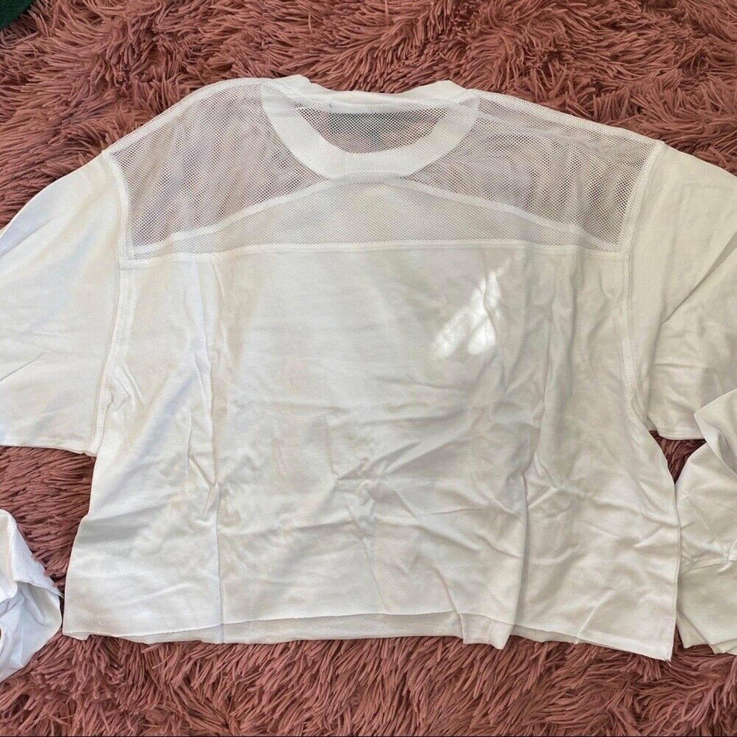 NWT Kendall & Kylie White Mesh Shoulder Raw Hem Long Sleeve Crop Blouse S