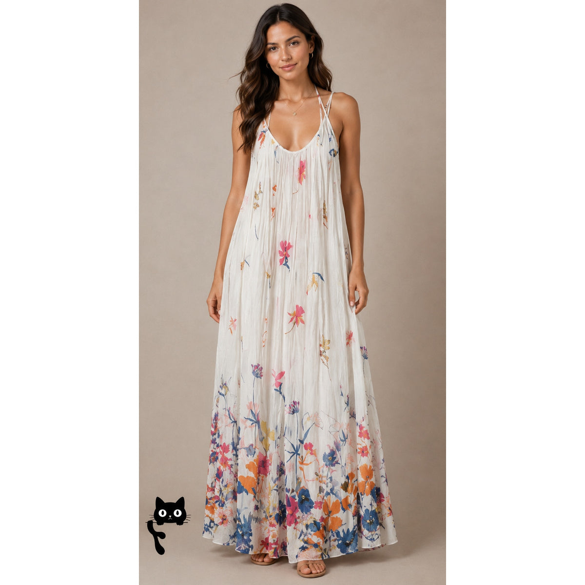 Lovestitch White Mimi Floral Print Sleeveless Scoop Neck Cross-Back Maxi Dress