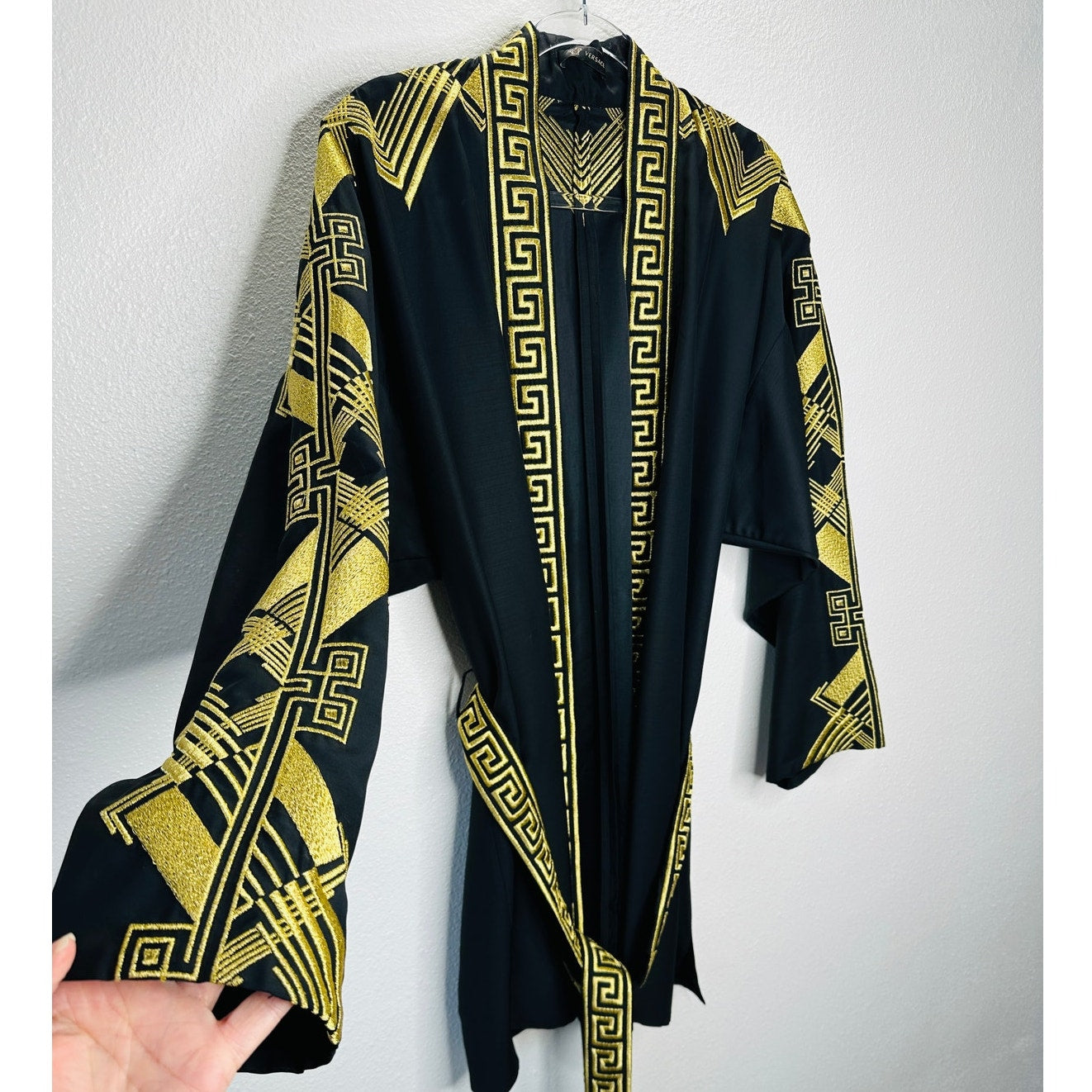 Versace Belted Gold Embroidered Black Wool Blend Kimono Jacket M