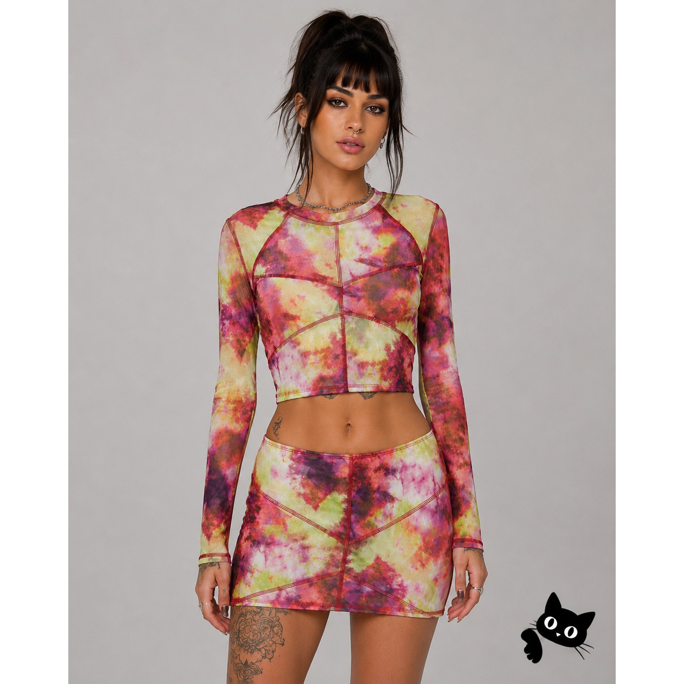 Club Exx Long Sleeve Mesh Crop and Matching Mini Skirt Tie Dye Pink Yellow Red L