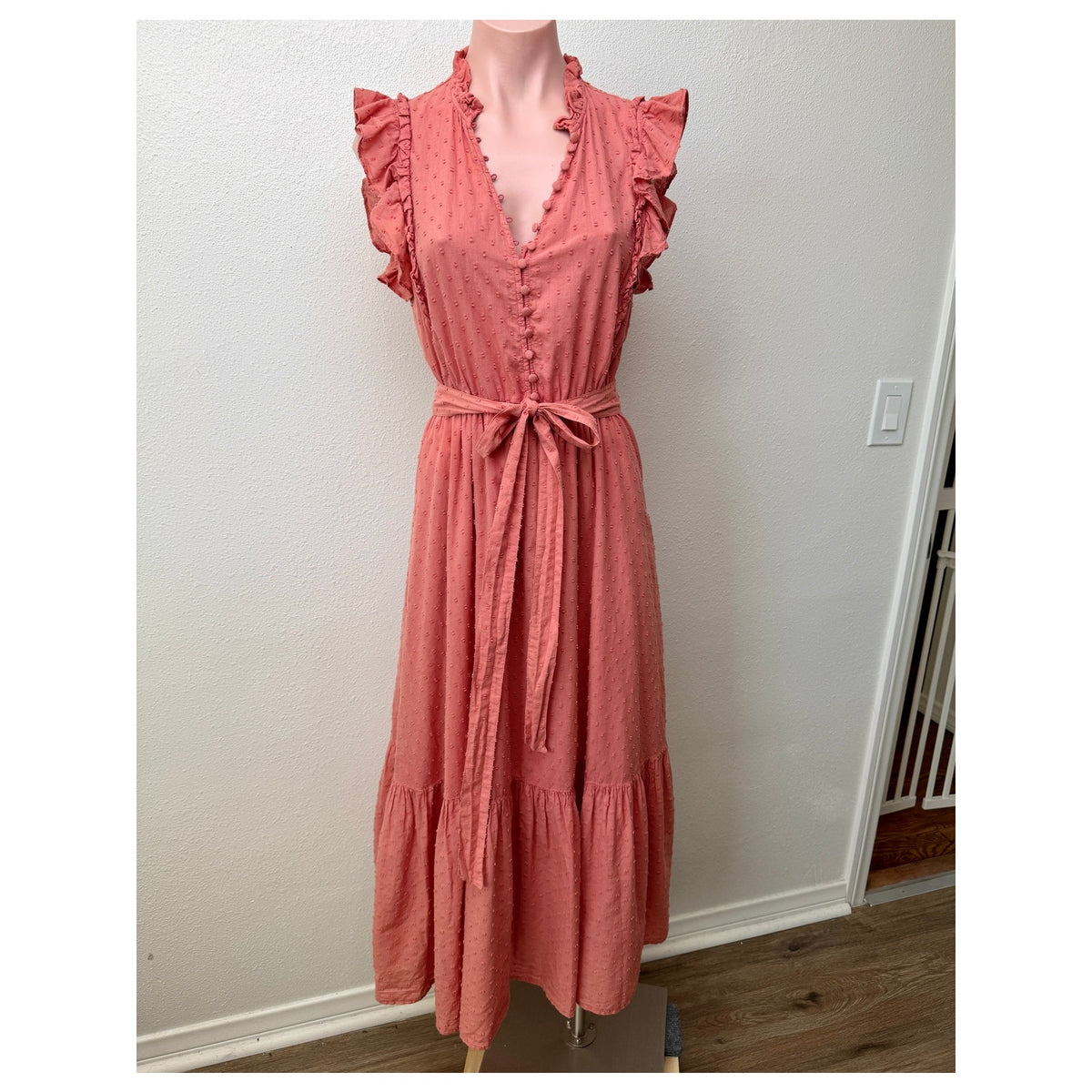 Outerknown Canyon Ruffle Maxi Dress Coral Swiss Dot Cotton Women's US XS