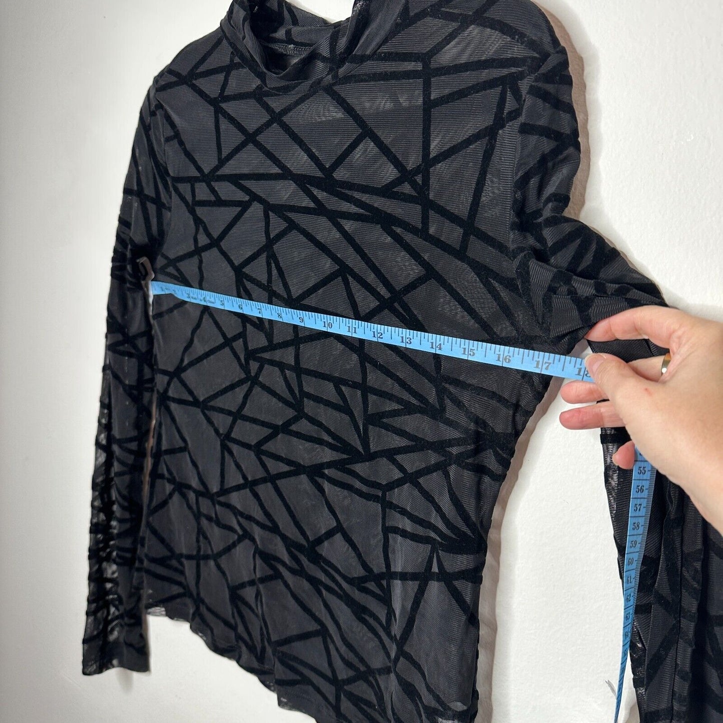 Jet Black Geometric Stripe Sheer Mesh Long Sleeve Mock Neck Stretch Blouse M