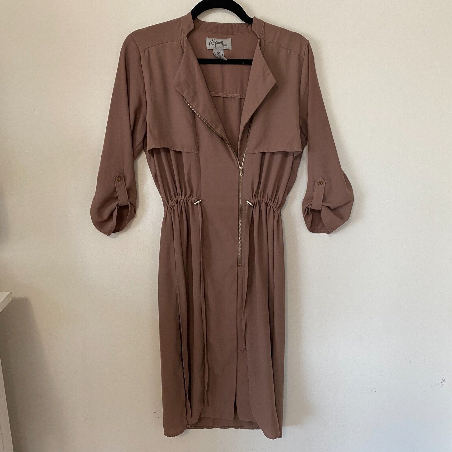 Spoon Milk Chocolate Utility Cinch Waist Tab Sleeve Shirtdress Front Zip S