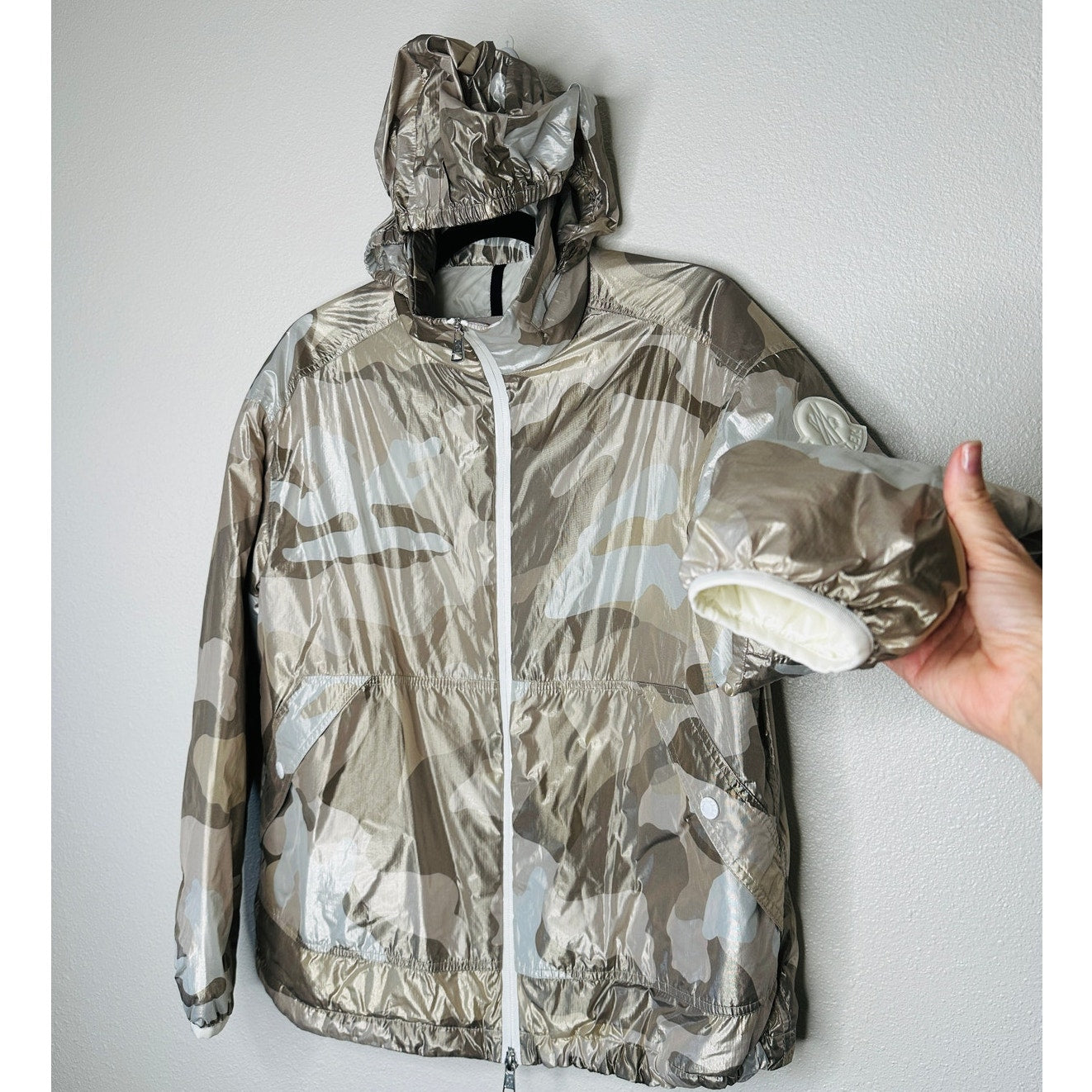 Moncler Menchib Metallic Camo Hooded Jacket Sand Cream Lightweight Zip Coat