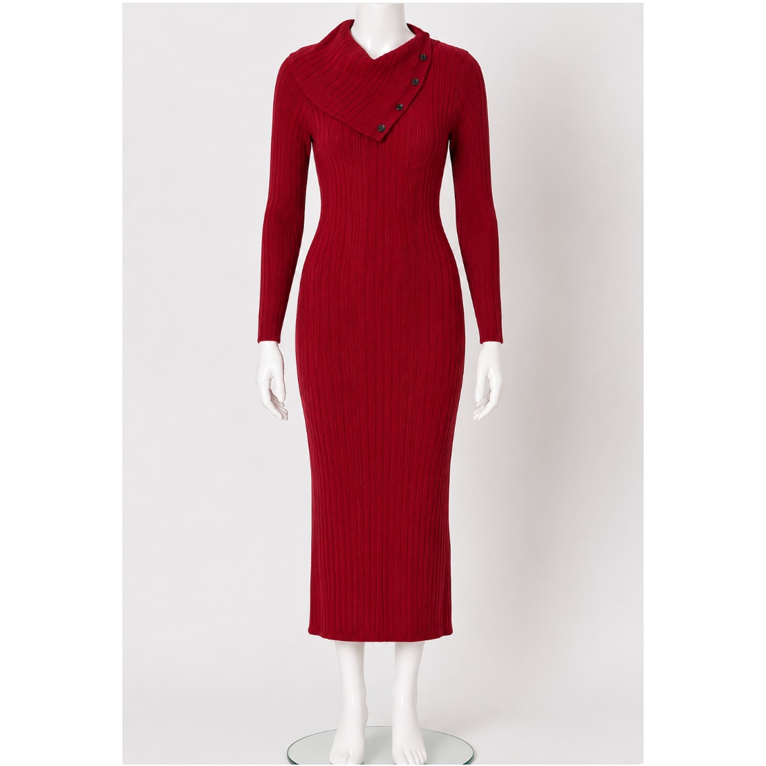 Guess Red Asymmetric Turtle Neck Bodycon Midi Sweater Dress Side Buttons XS