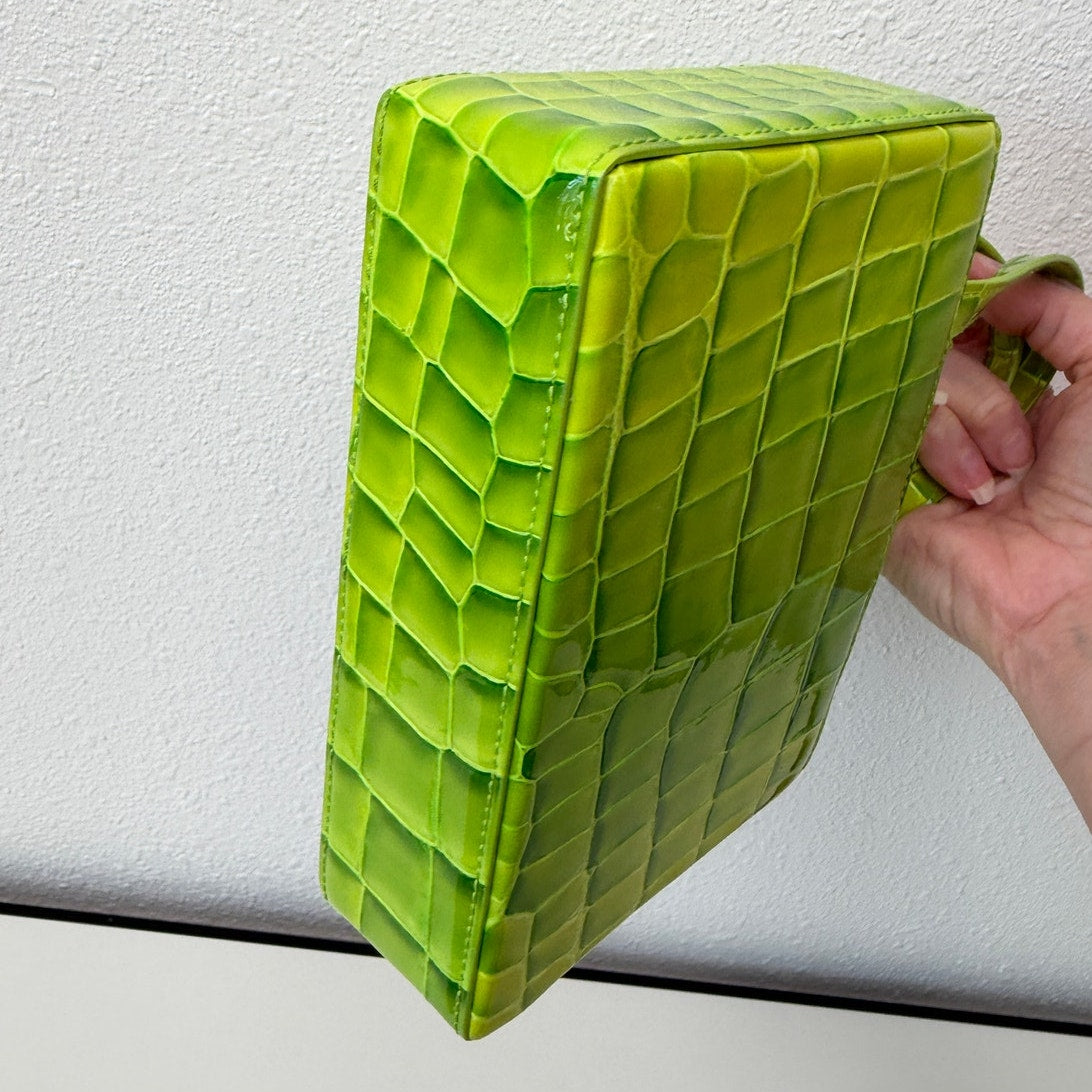 EUC Amina Muaddi Mini Croc Embossed Lime Green Leather Top Handle Bag