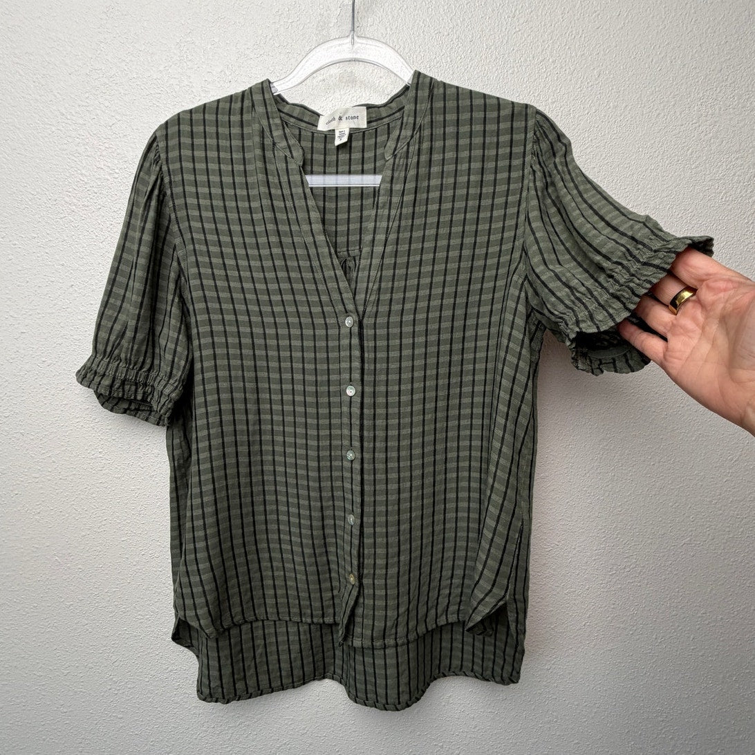 Cloth and Stone Green Plaid Puff Sleeve Linen Buttondown Women's US S