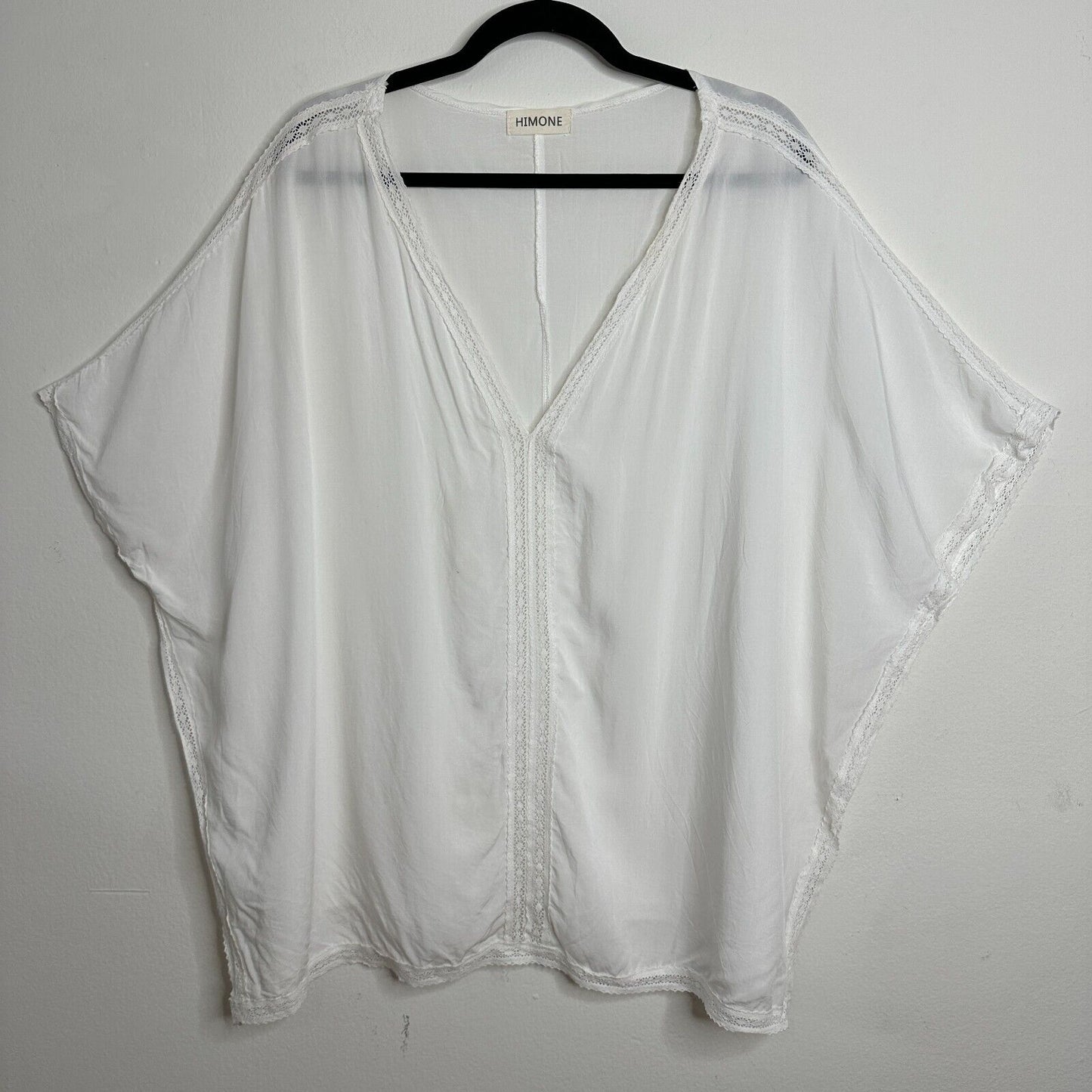Himone White Sleeveless V-Neck Crochet Lace Trim Boxy Top Beach Coverup OS