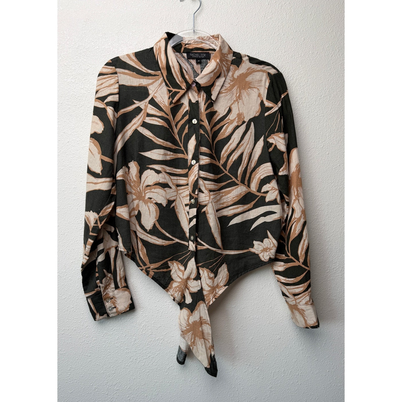 Rachel Zoe Black Tan Floral Tie Front Shirt Womens M