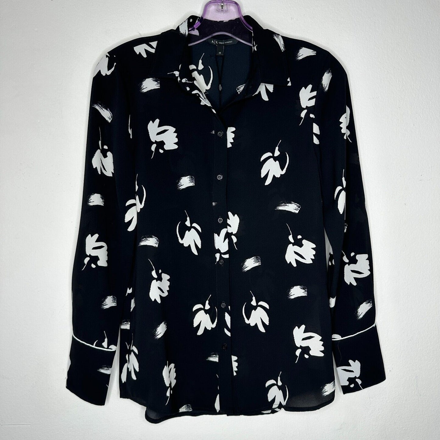 NWT Armani Exchange Black White Floral Long Sleeve Button Shirt XS