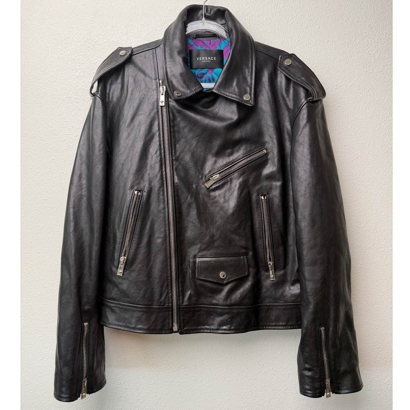 Versace Black Leather Moto Biker Jacket Men L