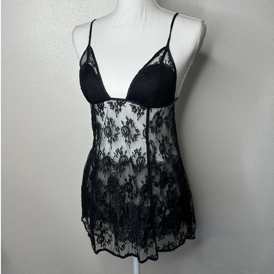 Victoria’s Secret Very Sexy Black Sheer Lace Nightie Open Back Slip Lingerie