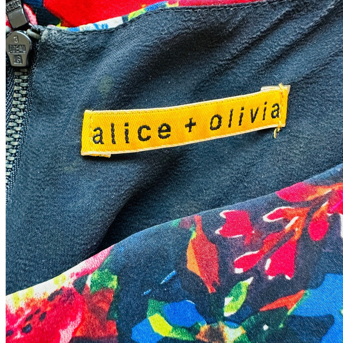 Alice + Olivia Silk Matilda Bouquet Floral Scoop Neck Tie Belt Back Zip Blue Red Dress