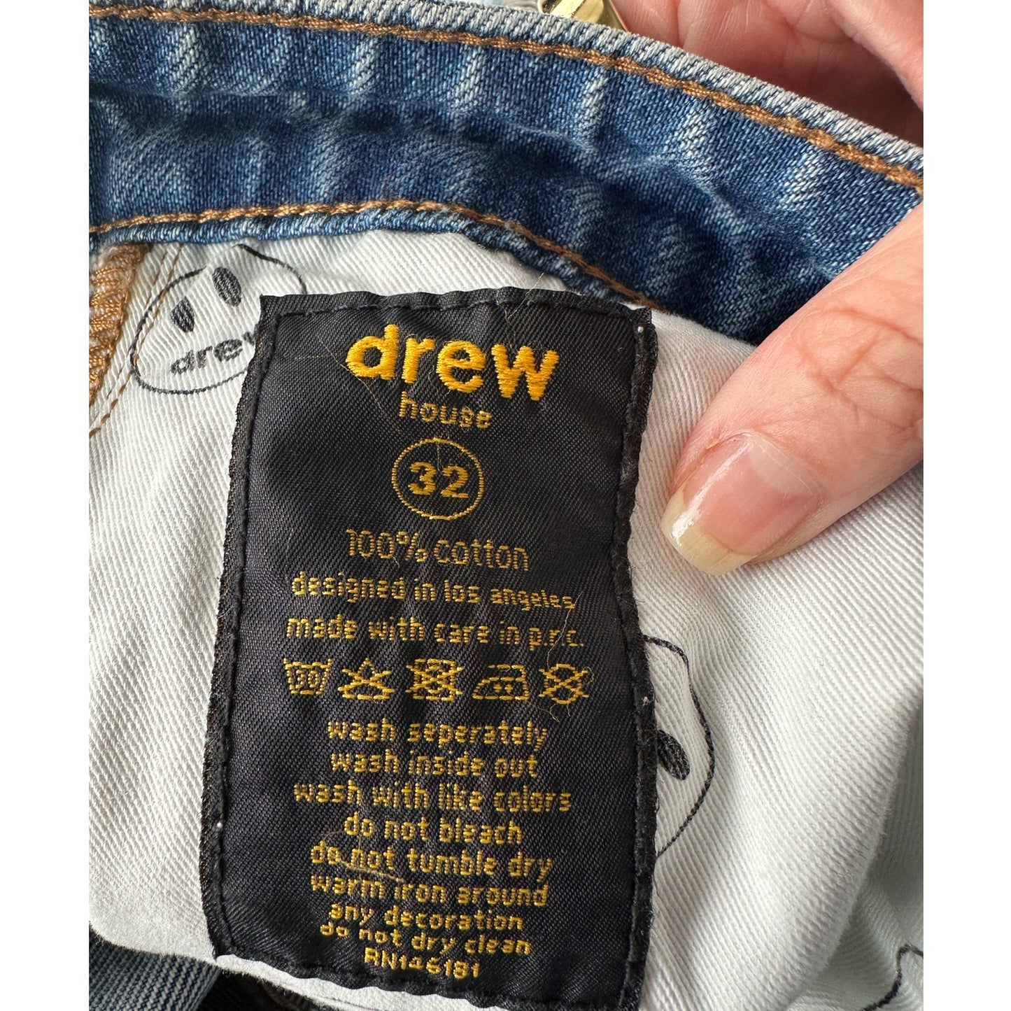Drew House Cropped Distressed Jeans Raw Hem Corduroy Patch Blue Size 32