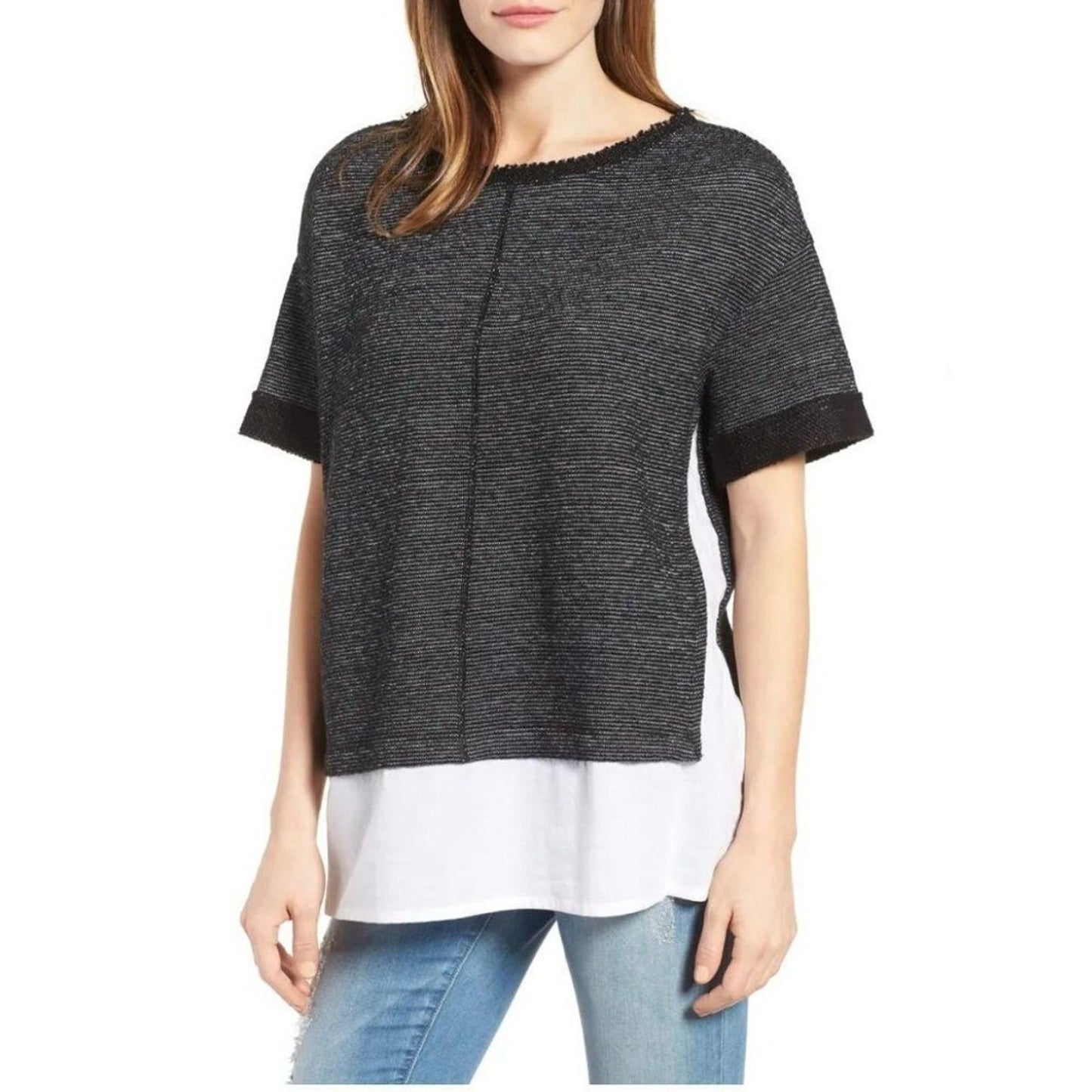 Caslon Black White Color Block Boxy Crewneck Woven Hem Striped Texture Top M