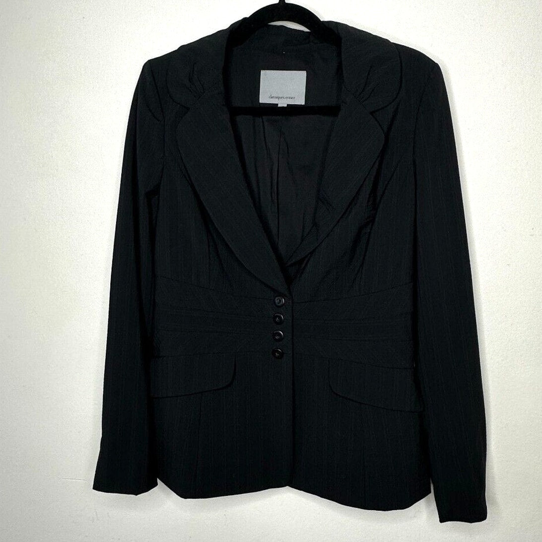 Classiques Navy Blue Pinstripe Fitted Peplum Waist 4-Button Wool Blazer 10