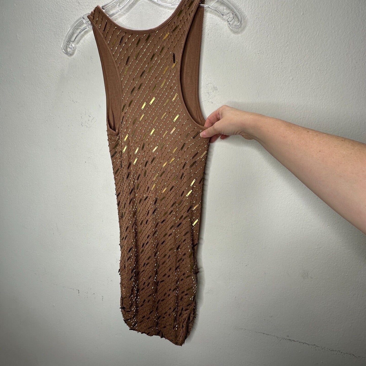 Haute Hippie Chocolate Brown Tank Mini Dress Side Ruche Gold & Beaded Adornment