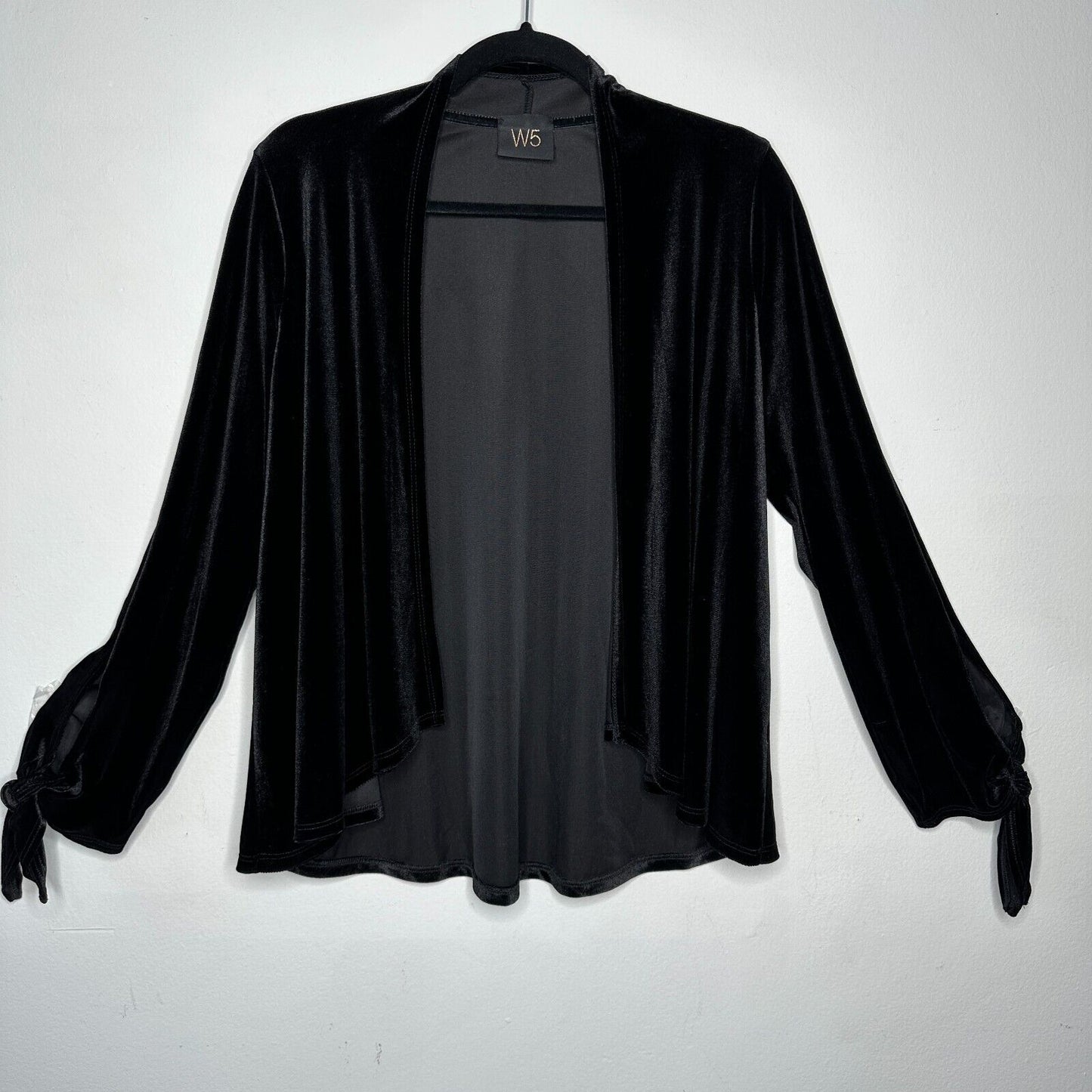 Jet Black Velvet Velour Waterfall Open Front Cardigan Long Sleeve with Ties M