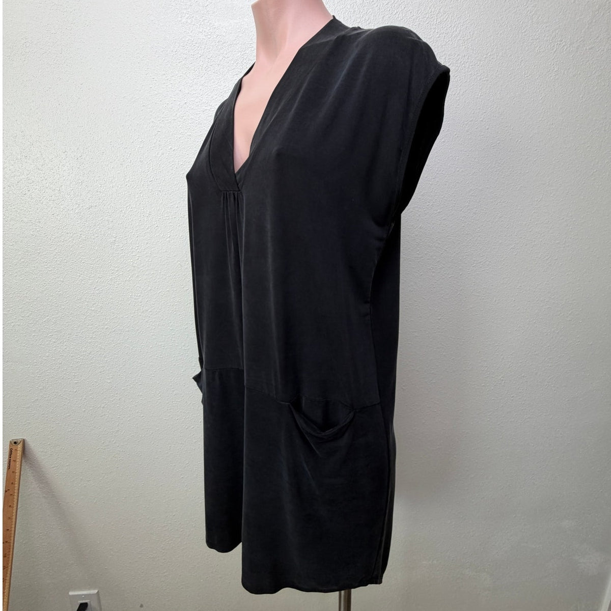 Dolan Left Coast Black Cupro V Neck Hi Low Pocket Dress XS