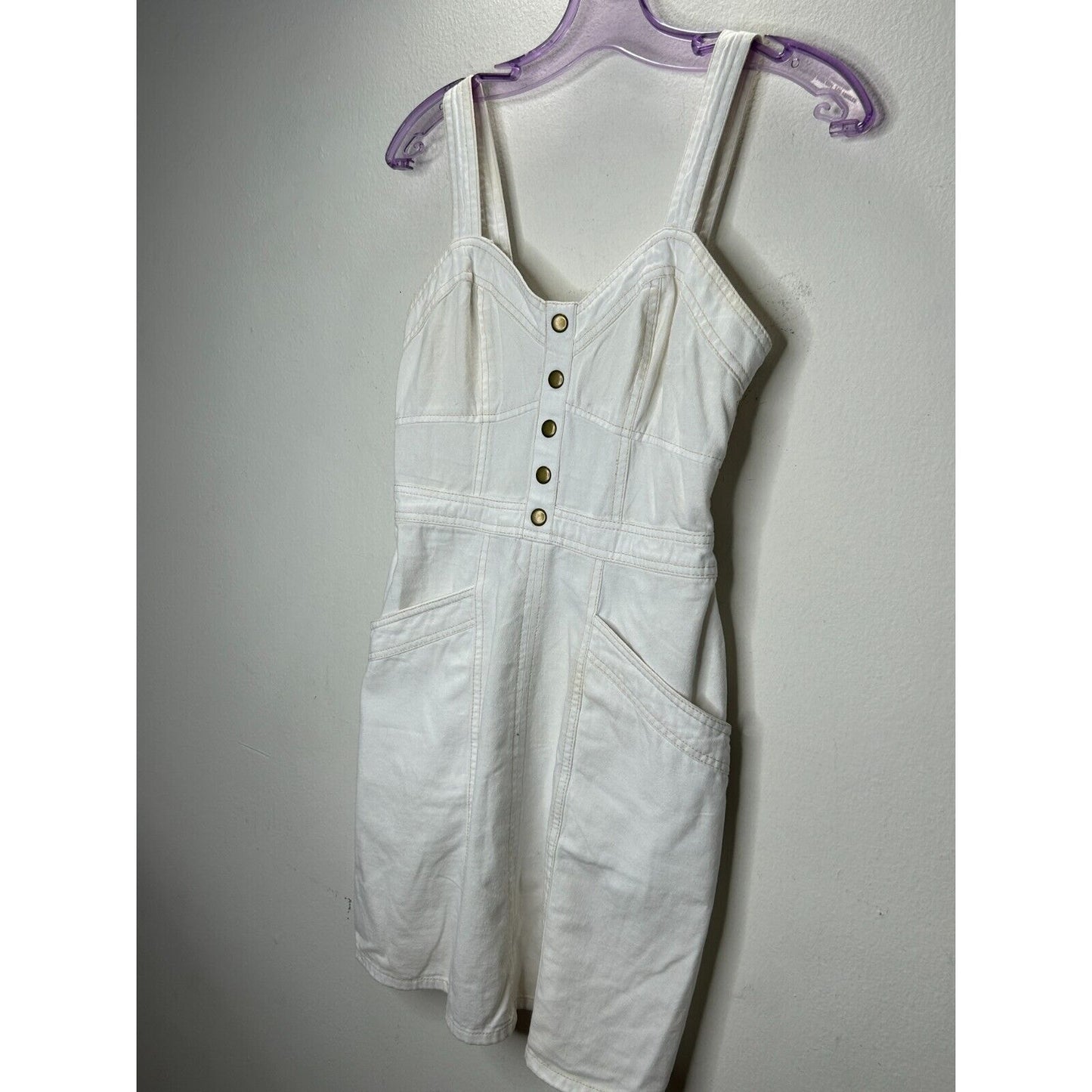 Japna White Denim Tan Stitch Bronze Snap Sweetheart Neck Pocket Mini Dress M