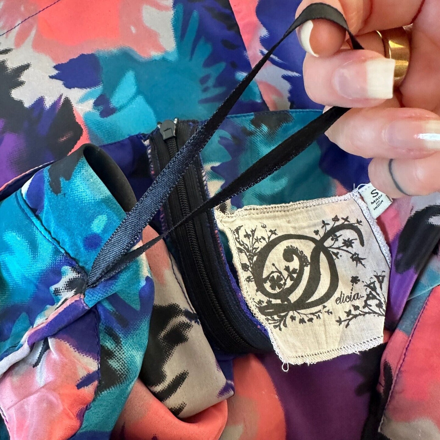 Delicia Satin Purple Pink Blue Geometric Light Side Tulip Zip Back Skirt S