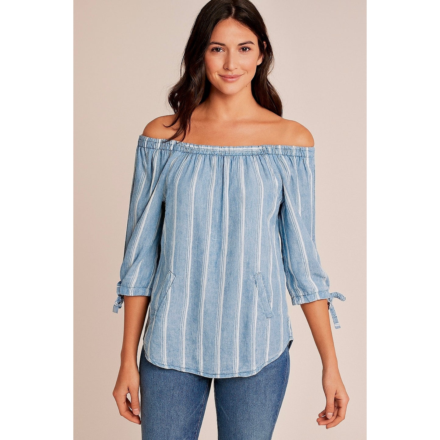 Billy T Blue & White Stripe Linen Off Shoulder 3/4 Tie-Sleeve Back Button Top XS