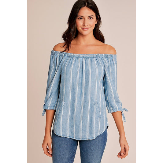 Billy T Blue & White Stripe Linen Off Shoulder 3/4 Tie-Sleeve Back Button Top XS